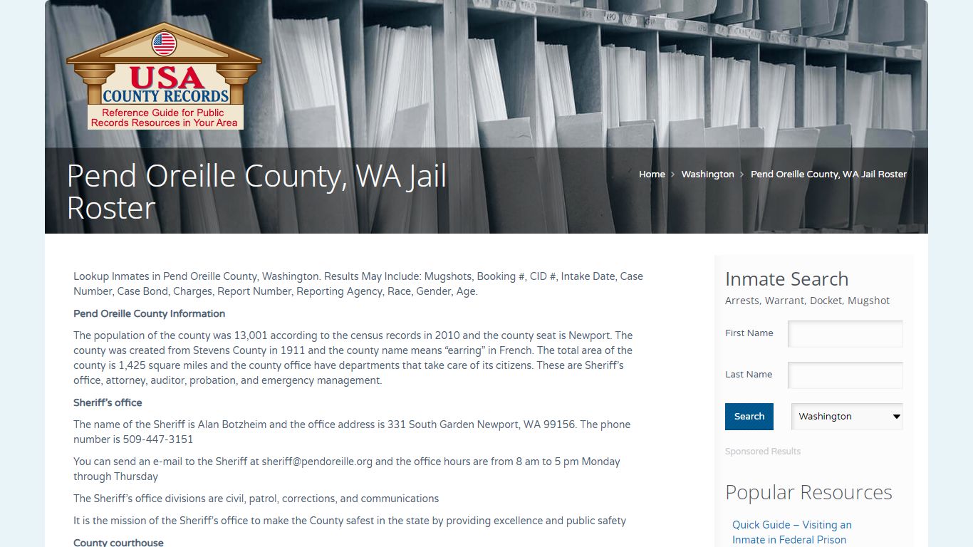 Pend Oreille County, WA Jail Roster | Name Search